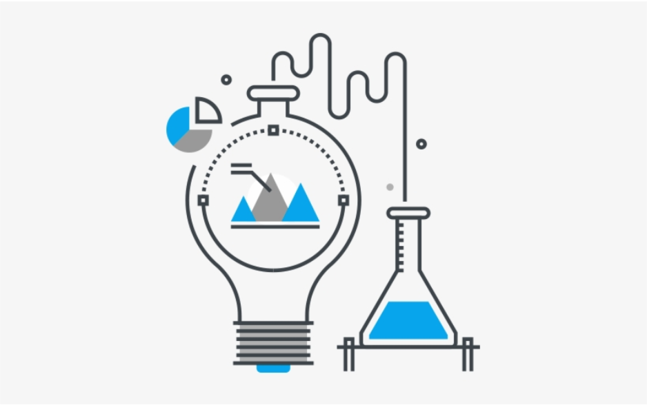 Data science illustration — lightbulb with chart and flask representing experimentation and insight