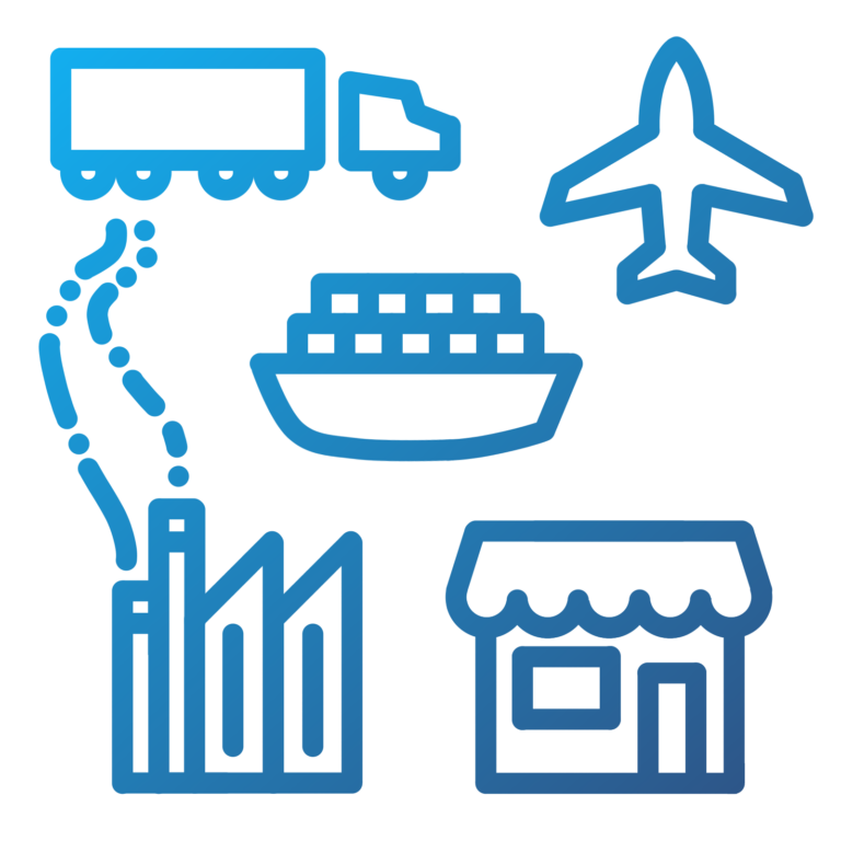Supply chain logistics icons — truck, airplane, container ship, factory, and storefront