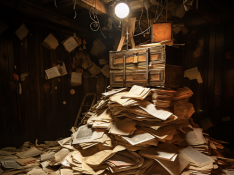 Atmospheric illustration of a chest atop a pile of unstructured documents — visual reference for document parsing complexity