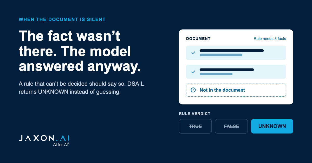 The fact wasn’t there. The model answered anyway. A document missing one of three facts a rule needs, with DSAIL returning UNKNOWN instead of TRUE or FALSE.